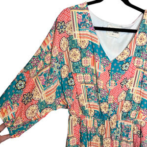 Savanah Jane Pin Teal Geo Print Mini Dress Flowey Bohemian Stretch Waist Size 2X